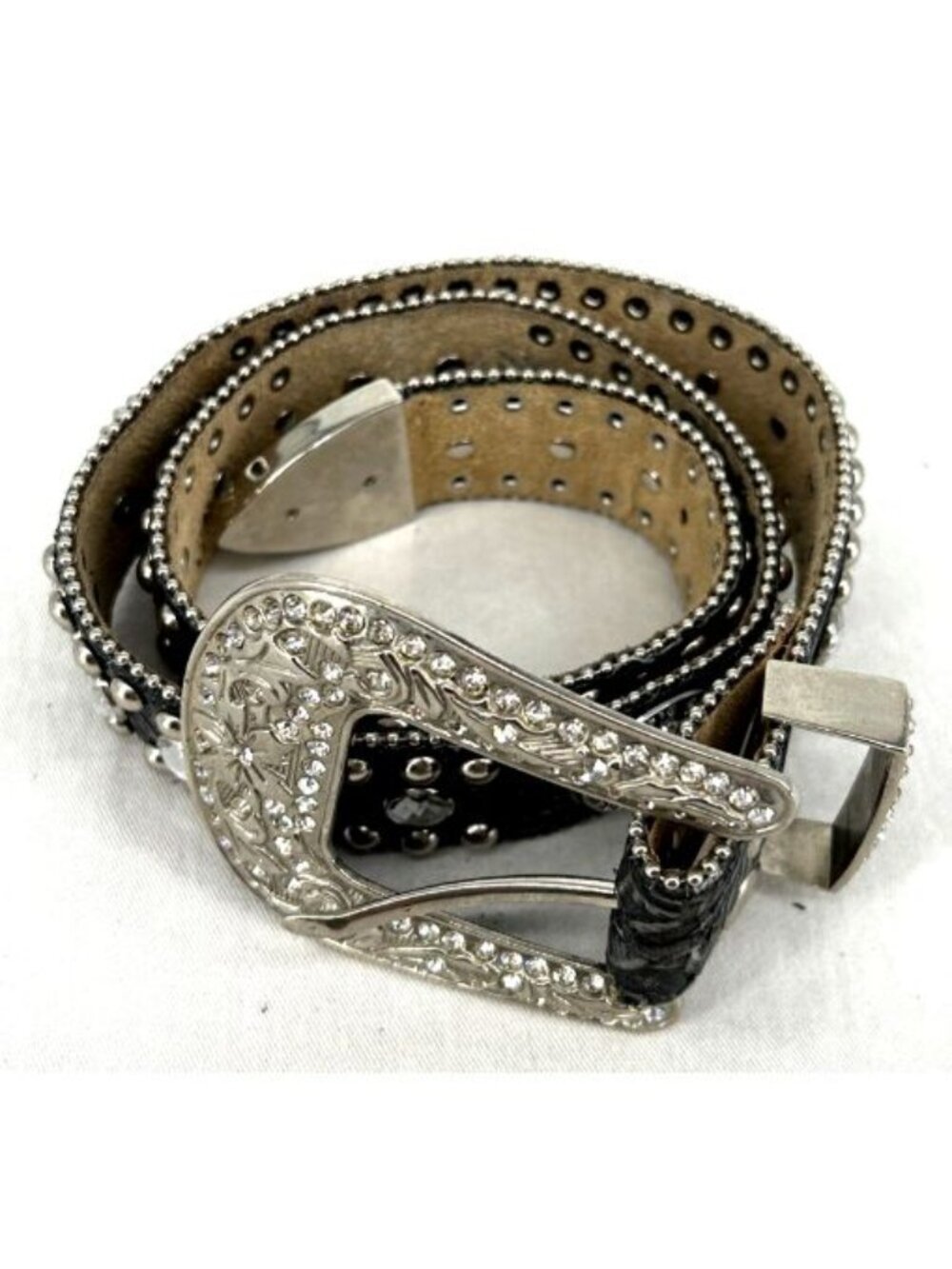 Nocona Concho Belt Western Cowgirl Black Embossed Leather 30-34" Rhinestones